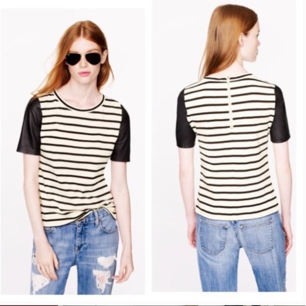 J. Crew Striped Leather Sleeve Tee Top